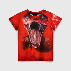 Детская футболка 3D с принтом Red Snake в Санкт-Петербурге, 100% гипоаллергенный полиэфир | прямой крой, круглый вырез горловины, длина до линии бедер, чуть спущенное плечо, ткань немного тянется | art | halloween | snake | арт | змея | клыки | красная | мамба | хэллоуин | яд