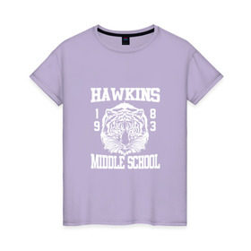 Женская футболка хлопок с принтом Hawkins middle school в Санкт-Петербурге, 100% хлопок | прямой крой, круглый вырез горловины, длина до линии бедер, слегка спущенное плечо | hawkins | stranger things | очень странные дела | хоукинс