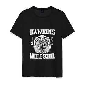 Мужская футболка хлопок с принтом Hawkins middle school в Санкт-Петербурге, 100% хлопок | прямой крой, круглый вырез горловины, длина до линии бедер, слегка спущенное плечо. | hawkins | stranger things | очень странные дела | хоукинс