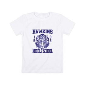 Детская футболка хлопок с принтом Hawkins middle school в Санкт-Петербурге, 100% хлопок | круглый вырез горловины, полуприлегающий силуэт, длина до линии бедер | hawkins | stranger things | очень странные дела | хоукинс