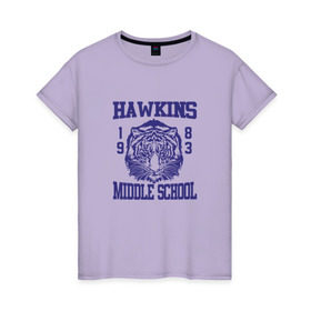 Женская футболка хлопок с принтом Hawkins middle school в Санкт-Петербурге, 100% хлопок | прямой крой, круглый вырез горловины, длина до линии бедер, слегка спущенное плечо | hawkins | stranger things | очень странные дела | хоукинс