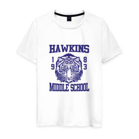 Мужская футболка хлопок с принтом Hawkins middle school в Санкт-Петербурге, 100% хлопок | прямой крой, круглый вырез горловины, длина до линии бедер, слегка спущенное плечо. | hawkins | stranger things | очень странные дела | хоукинс