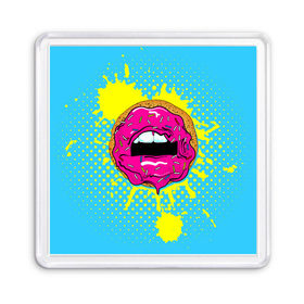Магнит 55*55 с принтом Donut lips в Санкт-Петербурге, Пластик | Размер: 65*65 мм; Размер печати: 55*55 мм | donut | kiss | lips | pop art | splash | sweet | брызги | губы | пончик | поп арт