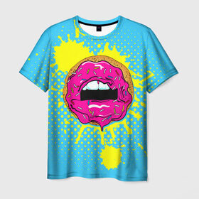 Мужская футболка 3D с принтом Donut lips в Санкт-Петербурге, 100% полиэфир | прямой крой, круглый вырез горловины, длина до линии бедер | Тематика изображения на принте: donut | kiss | lips | pop art | splash | sweet | брызги | губы | пончик | поп арт