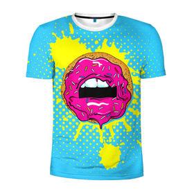 Мужская футболка 3D спортивная с принтом Donut lips в Санкт-Петербурге, 100% полиэстер с улучшенными характеристиками | приталенный силуэт, круглая горловина, широкие плечи, сужается к линии бедра | donut | kiss | lips | pop art | splash | sweet | брызги | губы | пончик | поп арт