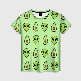 Женская футболка 3D с принтом Green в Санкт-Петербурге, 100% полиэфир ( синтетическое хлопкоподобное полотно) | прямой крой, круглый вырез горловины, длина до линии бедер | alien | food | vegetarian | авокадо | вегетарианство | еда | пришелец