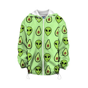 Детская куртка 3D с принтом Green в Санкт-Петербурге, 100% полиэстер | застежка — молния, подол и капюшон оформлены резинкой с фиксаторами, по бокам — два кармана без застежек, один потайной карман на груди, плотность верхнего слоя — 90 г/м2; плотность флисового подклада — 260 г/м2 | Тематика изображения на принте: alien | food | vegetarian | авокадо | вегетарианство | еда | пришелец