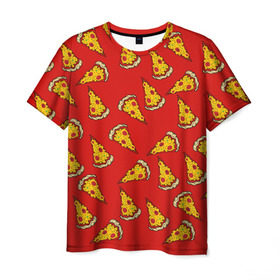Мужская футболка 3D с принтом Pizza red в Санкт-Петербурге, 100% полиэфир | прямой крой, круглый вырез горловины, длина до линии бедер | fast food | pizza | еда | пицца | фастфуд