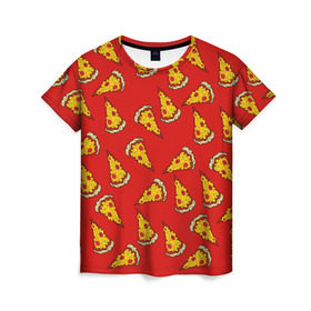 Женская футболка 3D с принтом Pizza red в Санкт-Петербурге, 100% полиэфир ( синтетическое хлопкоподобное полотно) | прямой крой, круглый вырез горловины, длина до линии бедер | fast food | pizza | еда | пицца | фастфуд