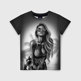 Детская футболка 3D с принтом Trap girl в Санкт-Петербурге, 100% гипоаллергенный полиэфир | прямой крой, круглый вырез горловины, длина до линии бедер, чуть спущенное плечо, ткань немного тянется | Тематика изображения на принте: девушка | мода | пляж | стиль