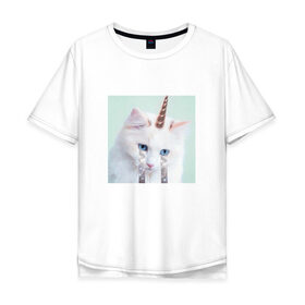 Мужская футболка хлопок Oversize с принтом котик единорог в Санкт-Петербурге, 100% хлопок | свободный крой, круглый ворот, “спинка” длиннее передней части | владивосток | единорожек | кот | пушистик | радуга | самара | свэг | слезки