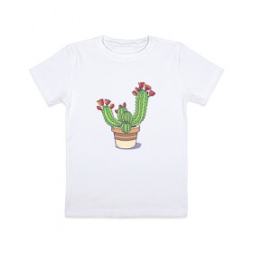 Детская футболка хлопок с принтом Кактус в Санкт-Петербурге, 100% хлопок | круглый вырез горловины, полуприлегающий силуэт, длина до линии бедер | горшок | растение | цветет | цветок