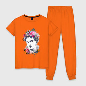 Женская пижама хлопок с принтом Фрида Кало в Санкт-Петербурге, 100% хлопок | брюки и футболка прямого кроя, без карманов, на брюках мягкая резинка на поясе и по низу штанин | фрида кало