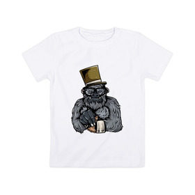 Детская футболка хлопок с принтом Гроссмейстер в Санкт-Петербурге, 100% хлопок | круглый вырез горловины, полуприлегающий силуэт, длина до линии бедер | Тематика изображения на принте: chess | sport | горилла | животные | мат | обезьяна | примат | спорт | шах | шахматы | шляпа