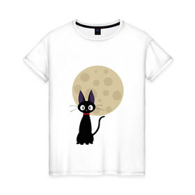 Женская футболка хлопок с принтом Luna cat в Санкт-Петербурге, 100% хлопок | прямой крой, круглый вырез горловины, длина до линии бедер, слегка спущенное плечо | ведьмина доставка | кики | хаяо миядзаки