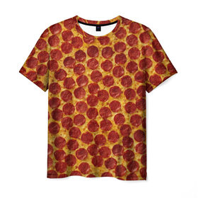Мужская футболка 3D с принтом Пицца пепперони в Санкт-Петербурге, 100% полиэфир | прямой крой, круглый вырез горловины, длина до линии бедер | pepperoni | pizza | еда | колбаса | мясо | пица | сардельки | сыр | фастфуд