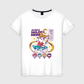 Женская футболка хлопок с принтом Sailor Moon в Санкт-Петербурге, 100% хлопок | прямой крой, круглый вырез горловины, длина до линии бедер, слегка спущенное плечо | кот | котики | сейлор мун