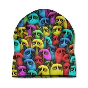 Шапка 3D с принтом Разноцветные сердитые коты в Санкт-Петербурге, 100% полиэстер | универсальный размер, печать по всей поверхности изделия | cat | grumpy | грустный | злой | кот | кошка | мем | паттерн | радуга