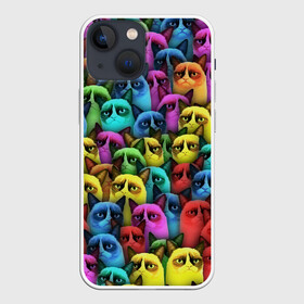 Чехол для iPhone 13 mini с принтом Разноцветные сердитые коты в Санкт-Петербурге,  |  | cat | grumpy | грустный | злой | кот | кошка | мем | паттерн | радуга
