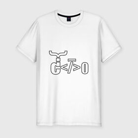 Мужская футболка премиум с принтом Велосипед программиста в Санкт-Петербурге, 92% хлопок, 8% лайкра | приталенный силуэт, круглый вырез ворота, длина до линии бедра, короткий рукав | велосипед | код | программирование | программист | символы