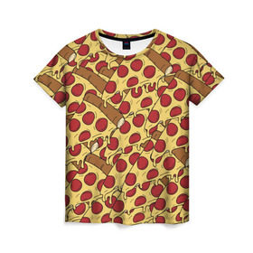 Женская футболка 3D с принтом Pizza в Санкт-Петербурге, 100% полиэфир ( синтетическое хлопкоподобное полотно) | прямой крой, круглый вырез горловины, длина до линии бедер | cheese | fast food | food | junk food | pizza | еда | пицца | сыр | фастфут