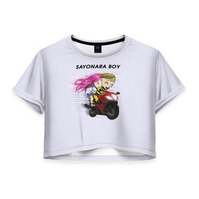 Женская футболка 3D укороченная с принтом Sayonara boy в Санкт-Петербурге, 100% полиэстер | круглая горловина, длина футболки до линии талии, рукава с отворотами | 