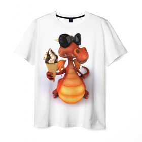 Мужская футболка 3D с принтом Добрый дракон в Санкт-Петербурге, 100% полиэфир | прямой крой, круглый вырез горловины, длина до линии бедер | дракон | дракончик | змей | мороженное | чудовище | ящерица