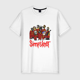 Мужская футболка премиум с принтом SimpsKnot в Санкт-Петербурге, 92% хлопок, 8% лайкра | приталенный силуэт, круглый вырез ворота, длина до линии бедра, короткий рукав | art | bart | homer | metall | rock | simpson | simpsons | slipknot |   группа | арт | барт | гомер | металл | рок | симпсон | симпсоны | слинкнот