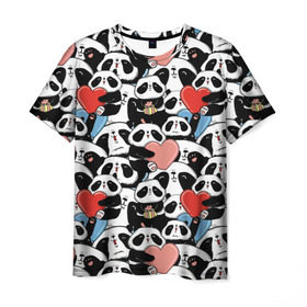 Мужская футболка 3D с принтом Funny Panda в Санкт-Петербурге, 100% полиэфир | прямой крой, круглый вырез горловины, длина до линии бедер | bear | heart | positive | медведь | мишка | орнамент | панда | подарок | позитив | сердечки | сердце | сюрприз | узор