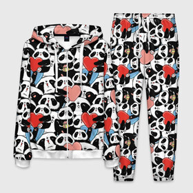 Мужской костюм 3D с принтом Funny Panda в Санкт-Петербурге, 100% полиэстер | Манжеты и пояс оформлены тканевой резинкой, двухслойный капюшон со шнурком для регулировки, карманы спереди | bear | heart | positive | медведь | мишка | орнамент | панда | подарок | позитив | сердечки | сердце | сюрприз | узор