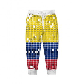 Детские брюки 3D с принтом Флаг Колумбии в Санкт-Петербурге, 100% полиэстер | манжеты по низу, эластичный пояс регулируется шнурком, по бокам два кармана без застежек, внутренняя часть кармана из мелкой сетки | пиксельный