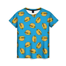 Женская футболка 3D с принтом Бургеры в Санкт-Петербурге, 100% полиэфир ( синтетическое хлопкоподобное полотно) | прямой крой, круглый вырез горловины, длина до линии бедер | burger | fast food | food | pattern | бургер | еда | паттерн | фастфуд