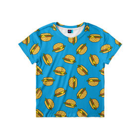 Детская футболка 3D с принтом Бургеры в Санкт-Петербурге, 100% гипоаллергенный полиэфир | прямой крой, круглый вырез горловины, длина до линии бедер, чуть спущенное плечо, ткань немного тянется | Тематика изображения на принте: burger | fast food | food | pattern | бургер | еда | паттерн | фастфуд