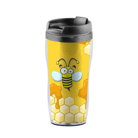 Термокружка-непроливайка с принтом Пчелка в Санкт-Петербурге, внутренняя часть — пищевой пластик, наружная часть — прозрачный пластик, между ними — полиграфическая вставка с рисунком | объем — 350 мл, герметичная крышка | животные | лето | мед | насекомые | природа | пчела | пчелка | соты