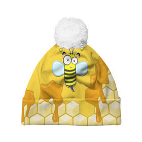 Шапка 3D c помпоном с принтом Пчелка в Санкт-Петербурге, 100% полиэстер | универсальный размер, печать по всей поверхности изделия | животные | лето | мед | насекомые | природа | пчела | пчелка | соты