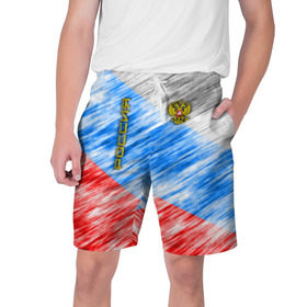 Мужские шорты 3D с принтом Российский флаг с гербом в Санкт-Петербурге,  полиэстер 100% | прямой крой, два кармана без застежек по бокам. Мягкая трикотажная резинка на поясе, внутри которой широкие завязки. Длина чуть выше колен | 
