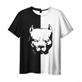 Мужская футболка 3D с принтом Питбуль в Санкт-Петербурге, 100% полиэфир | прямой крой, круглый вырез горловины, длина до линии бедер | агрессия | башка | белое | голова | пес | пит буль | питбуль | собака | спорт | стаф | стафф | стаффорд | чб | черное