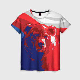 Женская футболка 3D с принтом Российский медведь в Санкт-Петербурге, 100% полиэфир ( синтетическое хлопкоподобное полотно) | прямой крой, круглый вырез горловины, длина до линии бедер | russia | russian bear | патриот | родина | россия | русский медведь | триколор