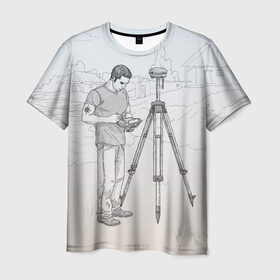 Мужская футболка 3D с принтом Парень с контроллером в Санкт-Петербурге, 100% полиэфир | прямой крой, круглый вырез горловины, длина до линии бедер | surveyor | геодезист | геодезия