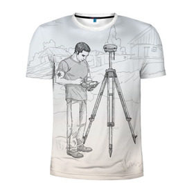 Мужская футболка 3D спортивная с принтом Парень с контроллером в Санкт-Петербурге, 100% полиэстер с улучшенными характеристиками | приталенный силуэт, круглая горловина, широкие плечи, сужается к линии бедра | surveyor | геодезист | геодезия