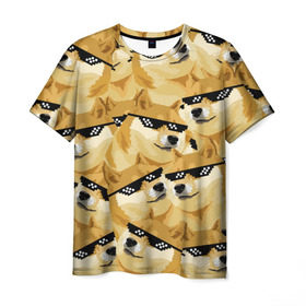 Мужская футболка 3D с принтом Doge мем в deal with it очках в Санкт-Петербурге, 100% полиэфир | прямой крой, круглый вырез горловины, длина до линии бедер | deal with it очки | doge | meme | мем | мемы | сиба ину | сиба ину мем