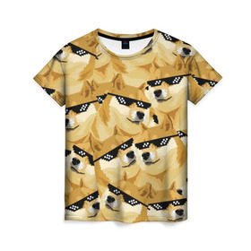 Женская футболка 3D с принтом Doge мем в deal with it очках в Санкт-Петербурге, 100% полиэфир ( синтетическое хлопкоподобное полотно) | прямой крой, круглый вырез горловины, длина до линии бедер | deal with it очки | doge | meme | мем | мемы | сиба ину | сиба ину мем