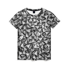 Женская футболка 3D с принтом Бумажные самолетики в Санкт-Петербурге, 100% полиэфир ( синтетическое хлопкоподобное полотно) | прямой крой, круглый вырез горловины, длина до линии бедер | telegram | белый | бумага | оригами | паттрен | самолет | самолетик | телеграмм
