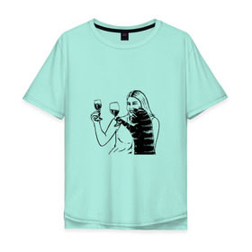Мужская футболка хлопок Oversize с принтом Котик и Вино в Санкт-Петербурге, 100% хлопок | свободный крой, круглый ворот, “спинка” длиннее передней части | винчик | выпьем за любовь | женщина | кот