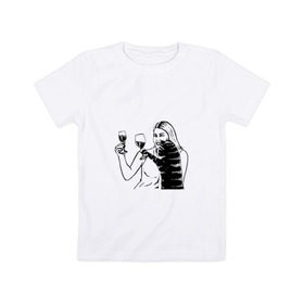 Детская футболка хлопок с принтом Котик и Вино в Санкт-Петербурге, 100% хлопок | круглый вырез горловины, полуприлегающий силуэт, длина до линии бедер | винчик | выпьем за любовь | женщина | кот