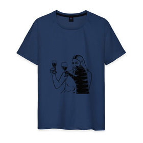 Мужская футболка хлопок с принтом Котик и Вино в Санкт-Петербурге, 100% хлопок | прямой крой, круглый вырез горловины, длина до линии бедер, слегка спущенное плечо. | винчик | выпьем за любовь | женщина | кот