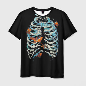 Мужская футболка 3D с принтом Ребра из Воды в Санкт-Петербурге, 100% полиэфир | прямой крой, круглый вырез горловины, длина до линии бедер | Тематика изображения на принте: анатомия | вода | океан | рыбы | скелет