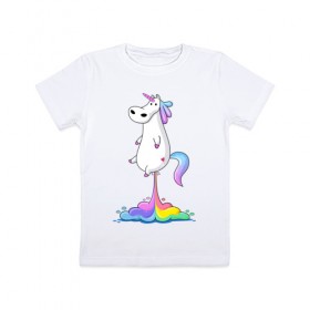Детская футболка хлопок с принтом Единорог радуга в Санкт-Петербурге, 100% хлопок | круглый вырез горловины, полуприлегающий силуэт, длина до линии бедер | rainbow | unicorn | радужный