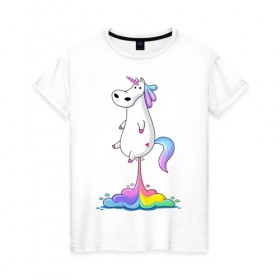 Женская футболка хлопок с принтом Единорог радуга в Санкт-Петербурге, 100% хлопок | прямой крой, круглый вырез горловины, длина до линии бедер, слегка спущенное плечо | rainbow | unicorn | радужный