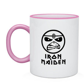 Кружка двухцветная с принтом Iron Maiden в Санкт-Петербурге, керамика | объем — 330 мл, диаметр — 80 мм. Цветная ручка и кайма сверху, в некоторых цветах — вся внутренняя часть | iron maiden | адриан смит | айран | айрон | группа | дэйв мюррей | железная дева | ирон | майден | мейд | мейден | метал | мрачный | музыка | песни | рок | стив харрис | тяжелый | хеви | хевиметал